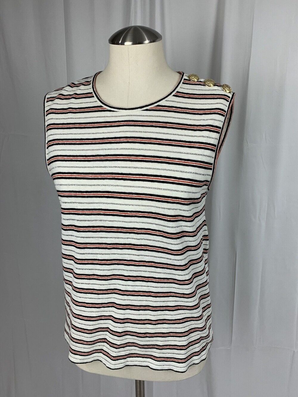 DEREK LAM 10 CROSBY Kalua Metallic Stripes Soft White Gold Button Linen Tank S